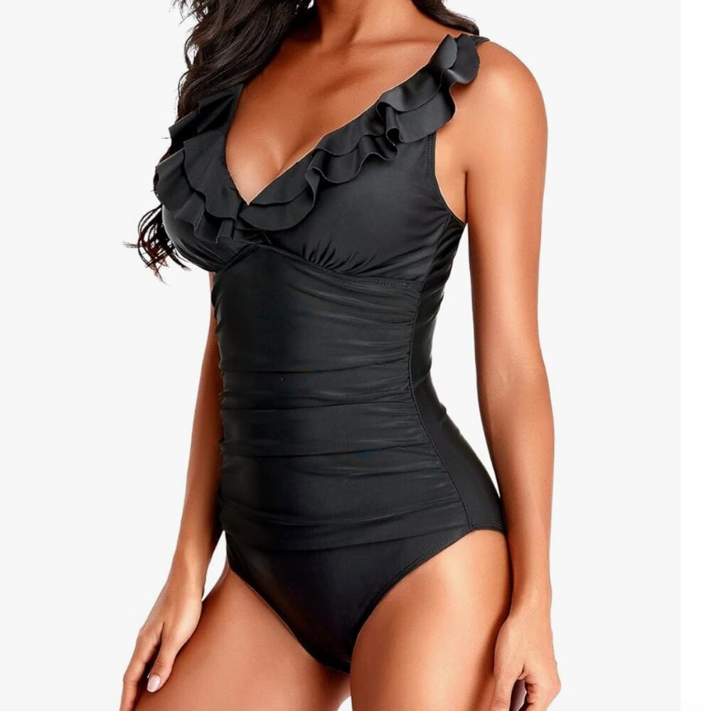 Holipick Women's One Piece Tummy Control Bathing Suit Ruffle V Neck Size XL